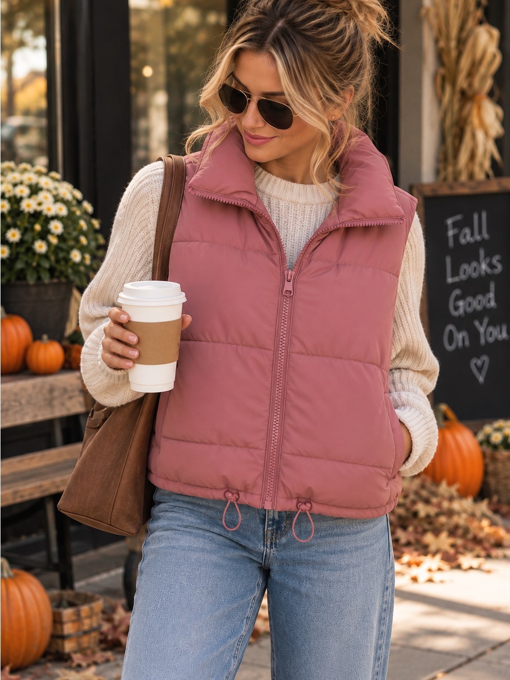 Merokeety Dusty Rose Pink Puffer Vest Women’s Small Cropped